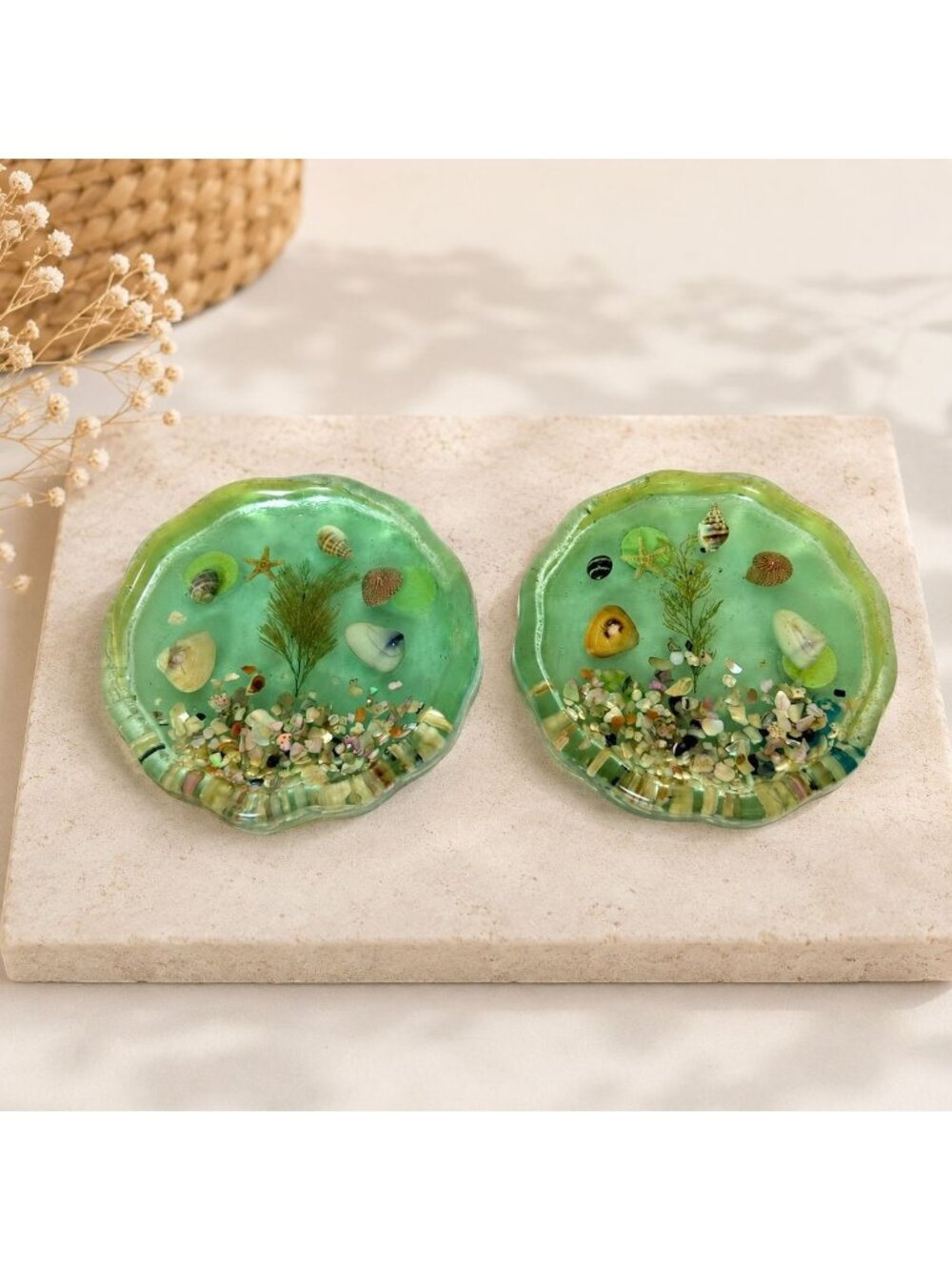 Vintage Lucite Resin Coastal Coasters Set 2 Seafoam Green Seashell MCM Beach